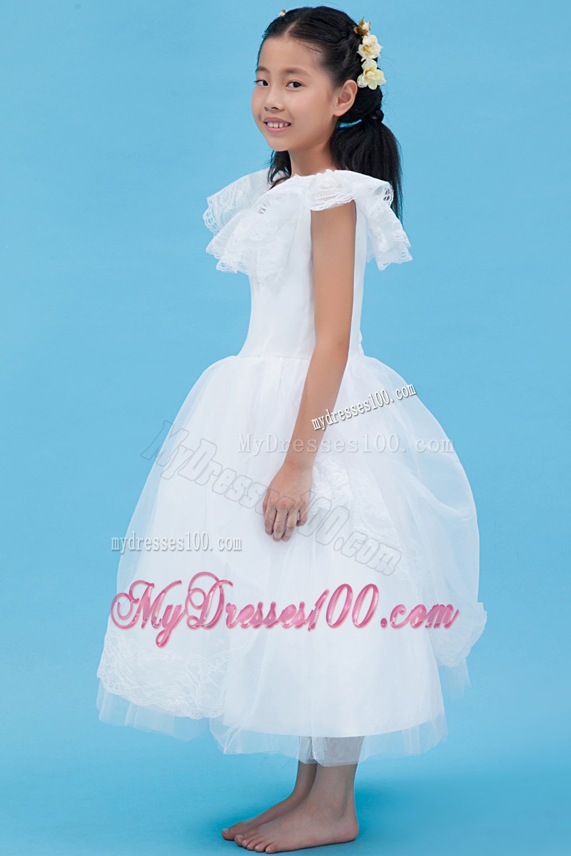 White Scoop Ankle-length Lace Flower Girl Dress
