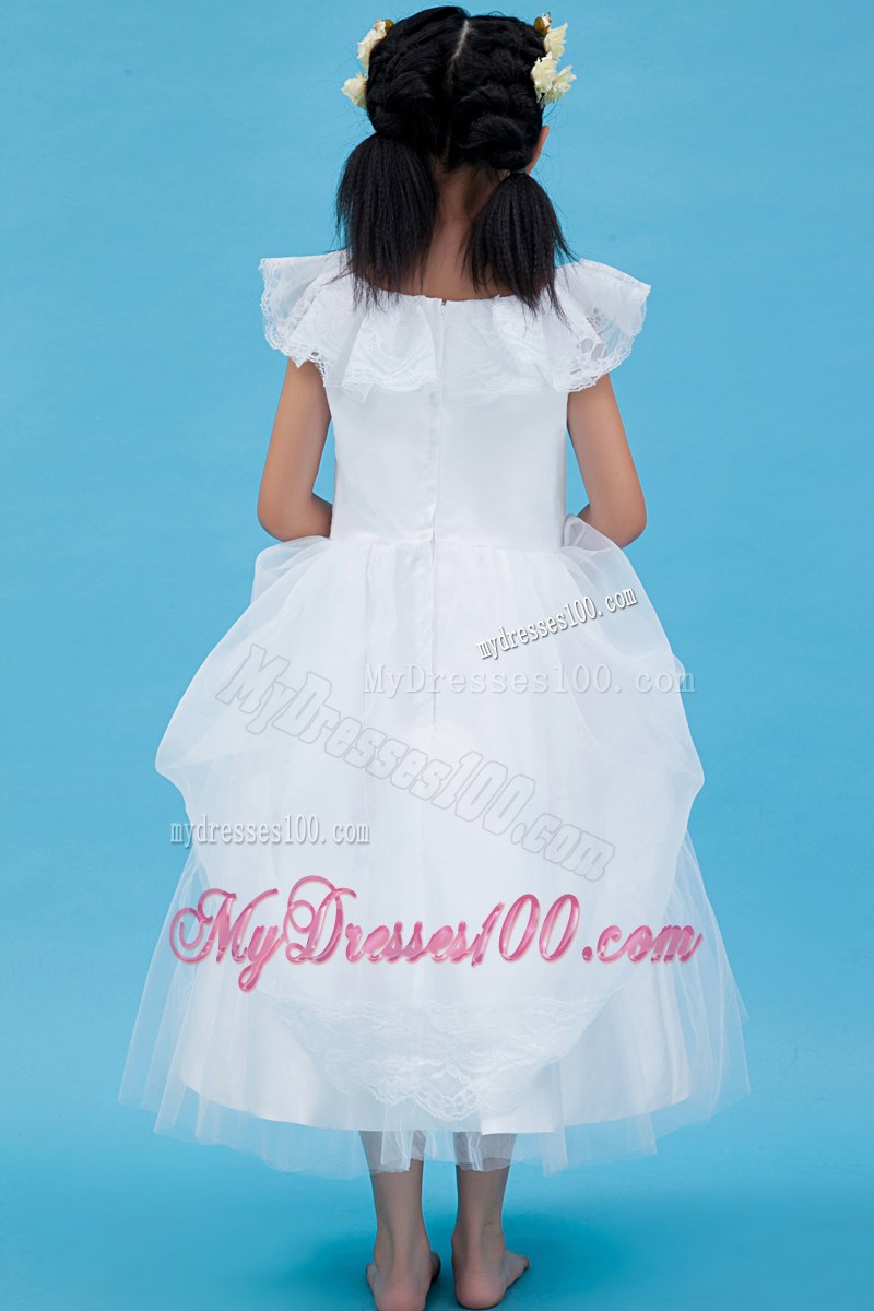 White Scoop Ankle-length Lace Flower Girl Dress