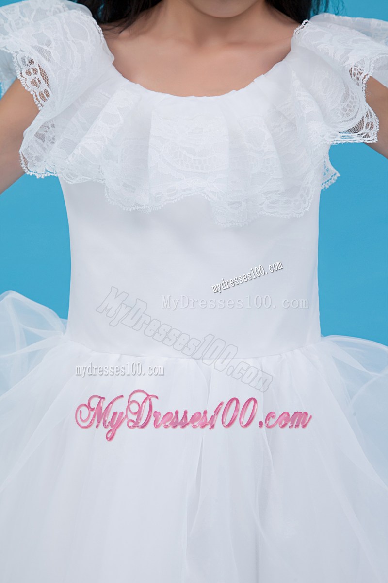 White Scoop Ankle-length Lace Flower Girl Dress