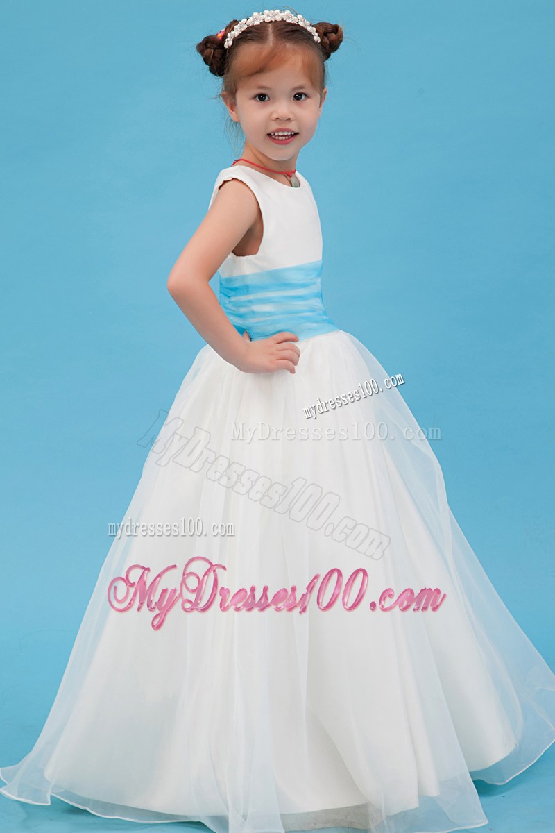 White Scoop Floor-length Belt Flower Girl Dress
