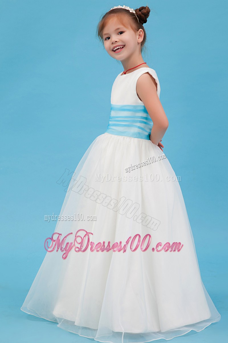 White Scoop Floor-length Belt Flower Girl Dress