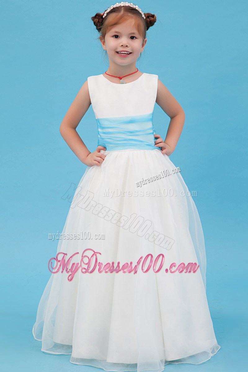 White Scoop Floor-length Belt Flower Girl Dress