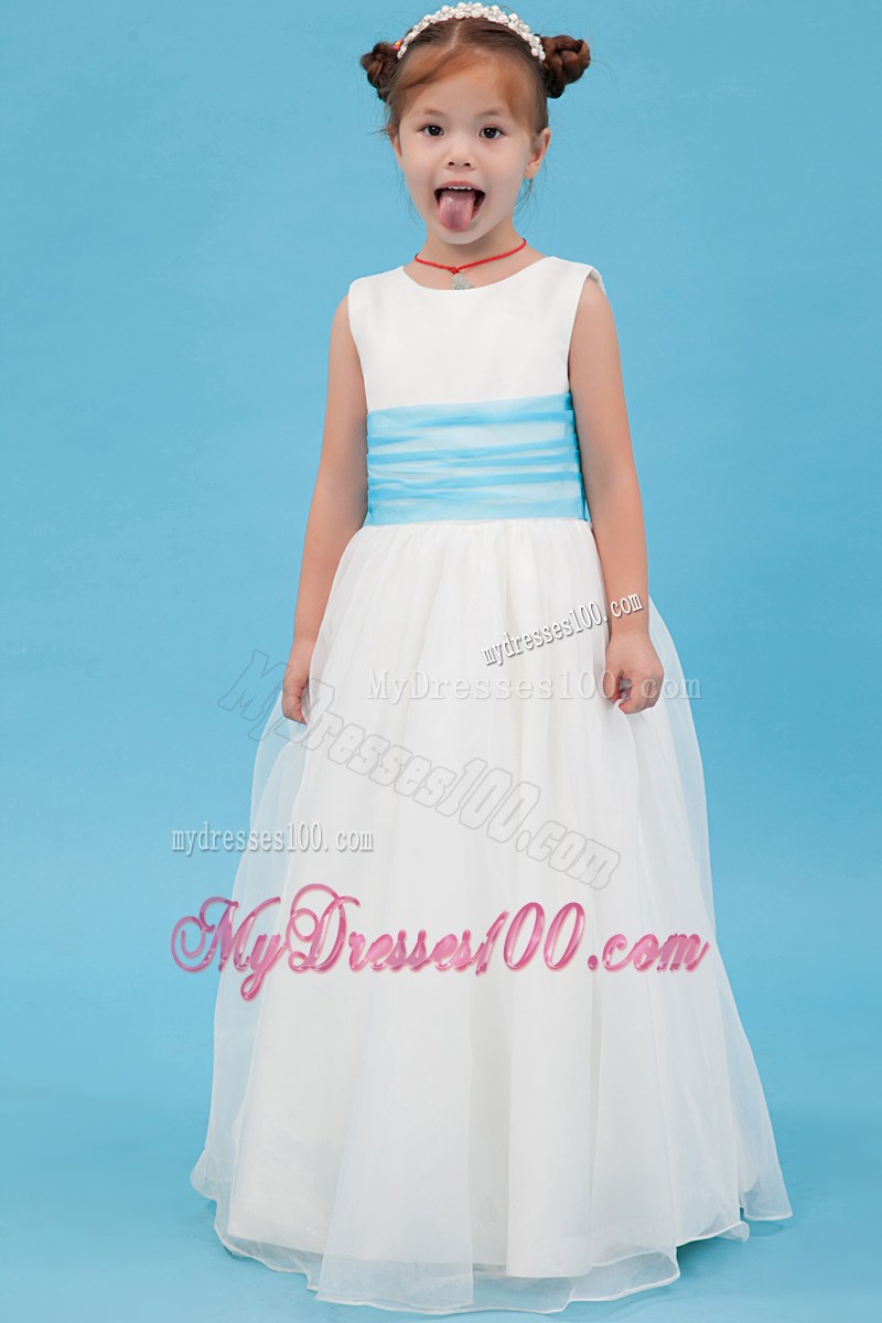 White Scoop Floor-length Belt Flower Girl Dress