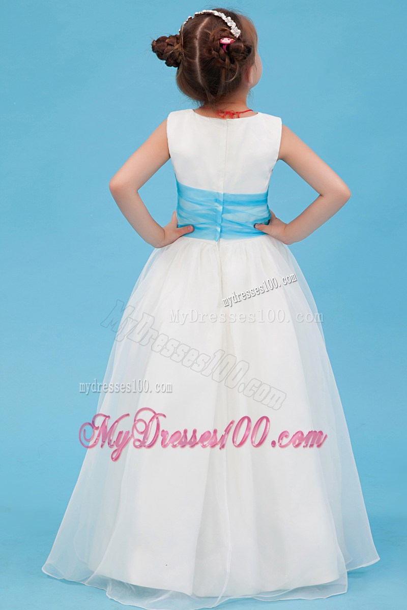 White Scoop Floor-length Belt Flower Girl Dress