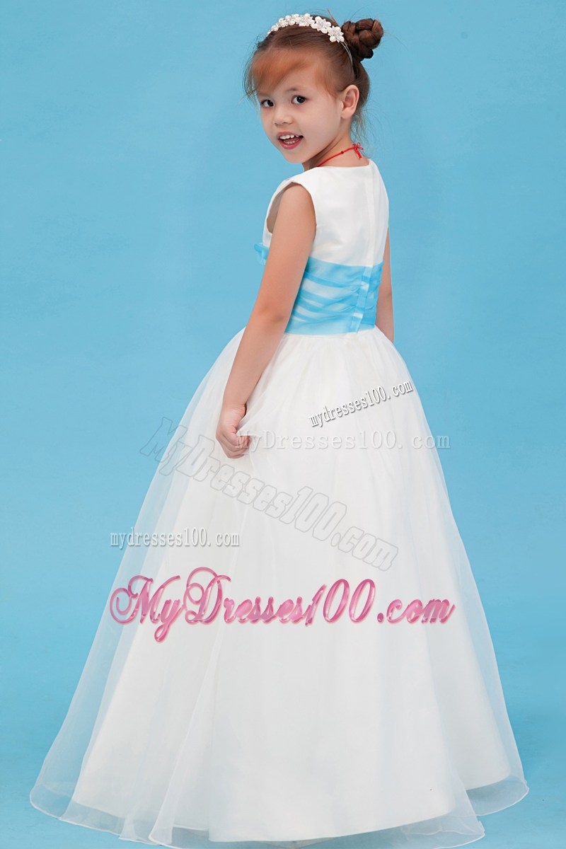 White Scoop Floor-length Belt Flower Girl Dress
