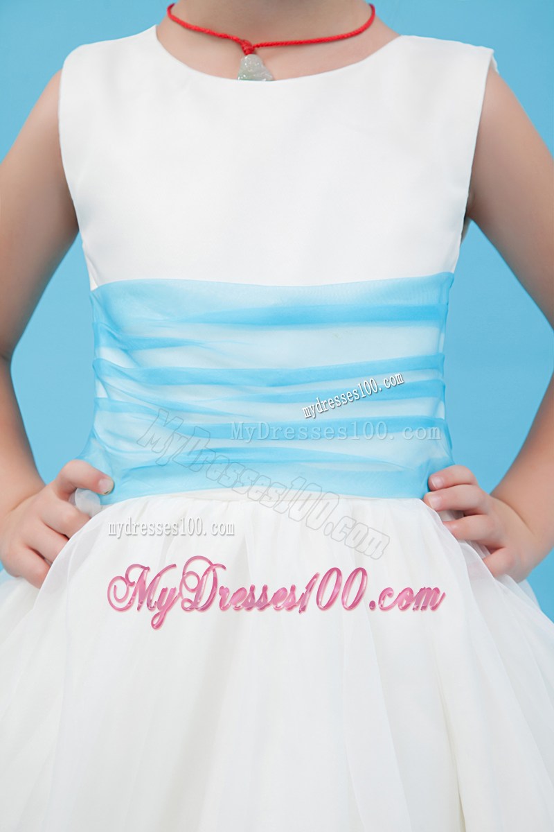 White Scoop Floor-length Belt Flower Girl Dress