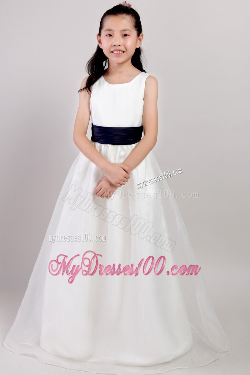 White Scoop Floor-length Belt Flower Girl Dress