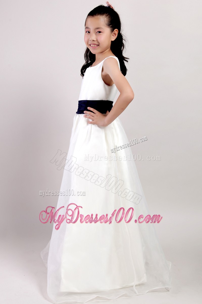 White Scoop Floor-length Belt Flower Girl Dress