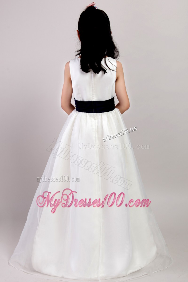 White Scoop Floor-length Belt Flower Girl Dress