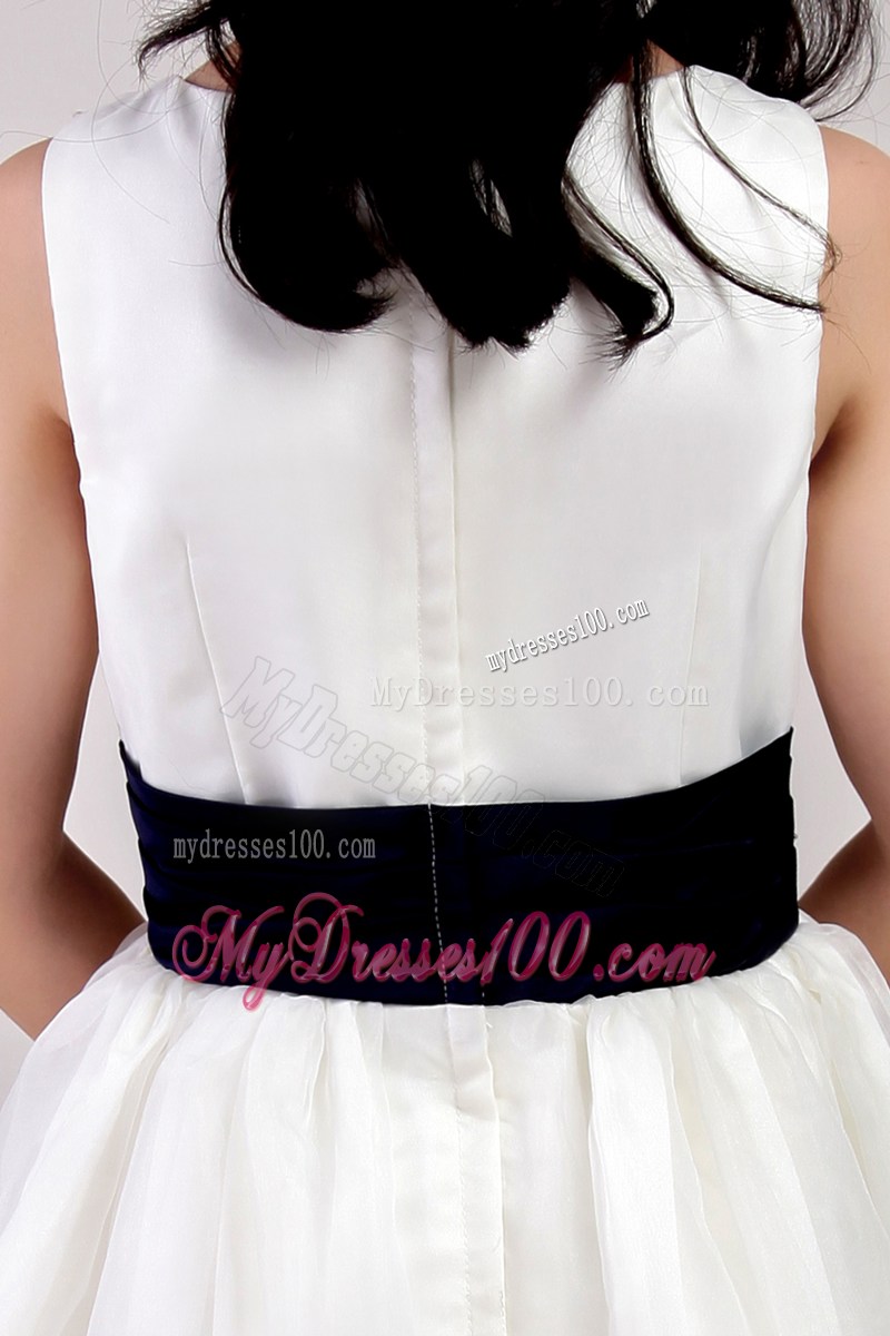 White Scoop Floor-length Belt Flower Girl Dress