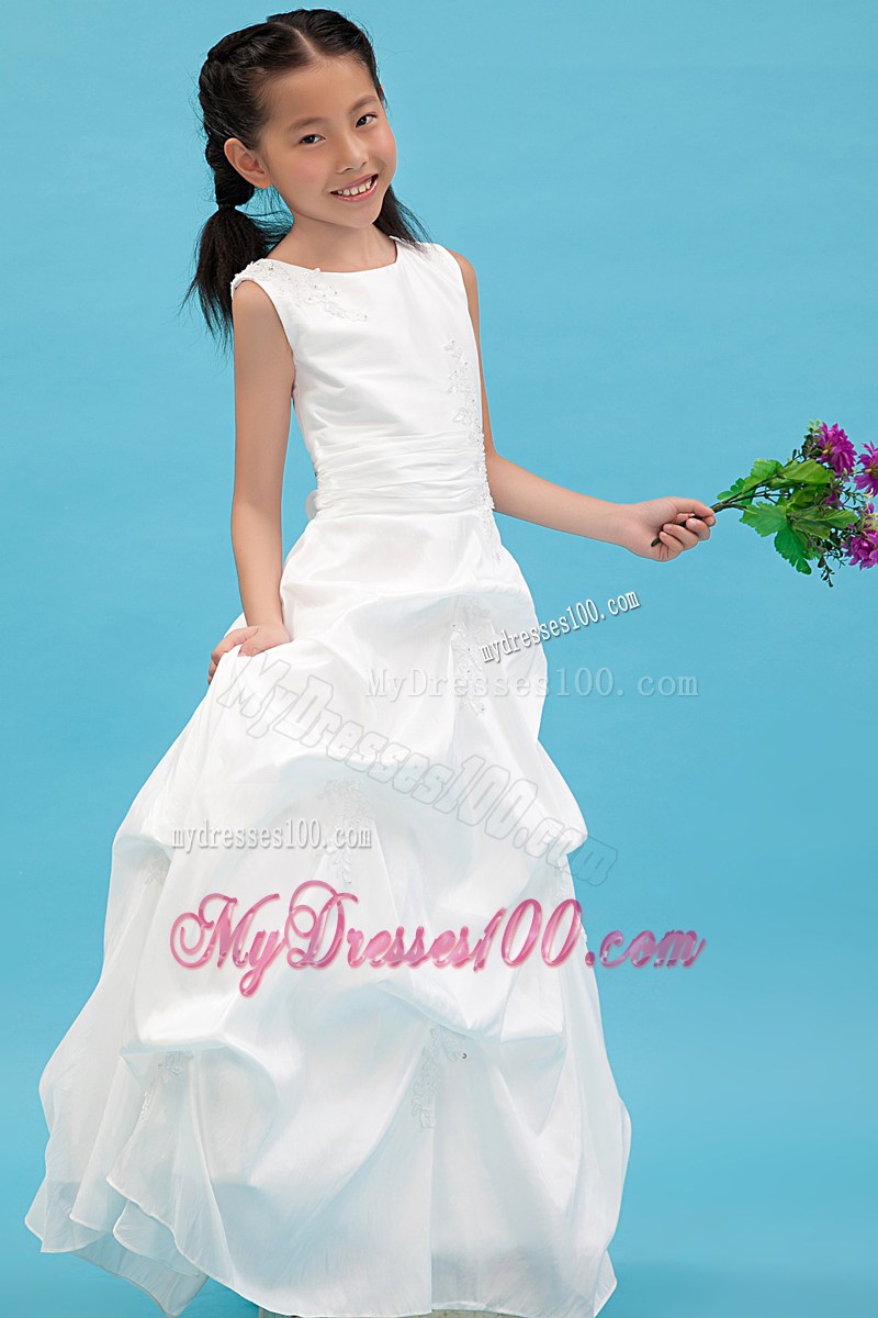 White Scoop Floor-length Appliques Flower Girl Dress