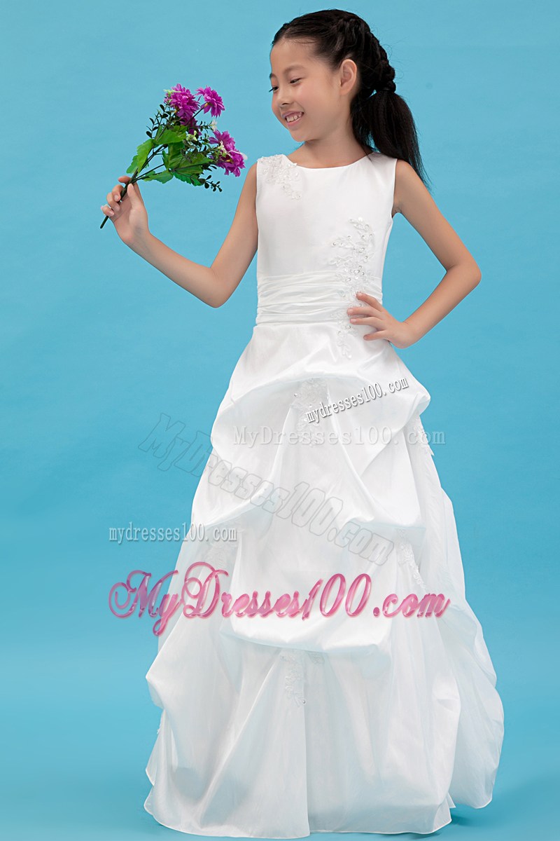 White Scoop Floor-length Appliques Flower Girl Dress