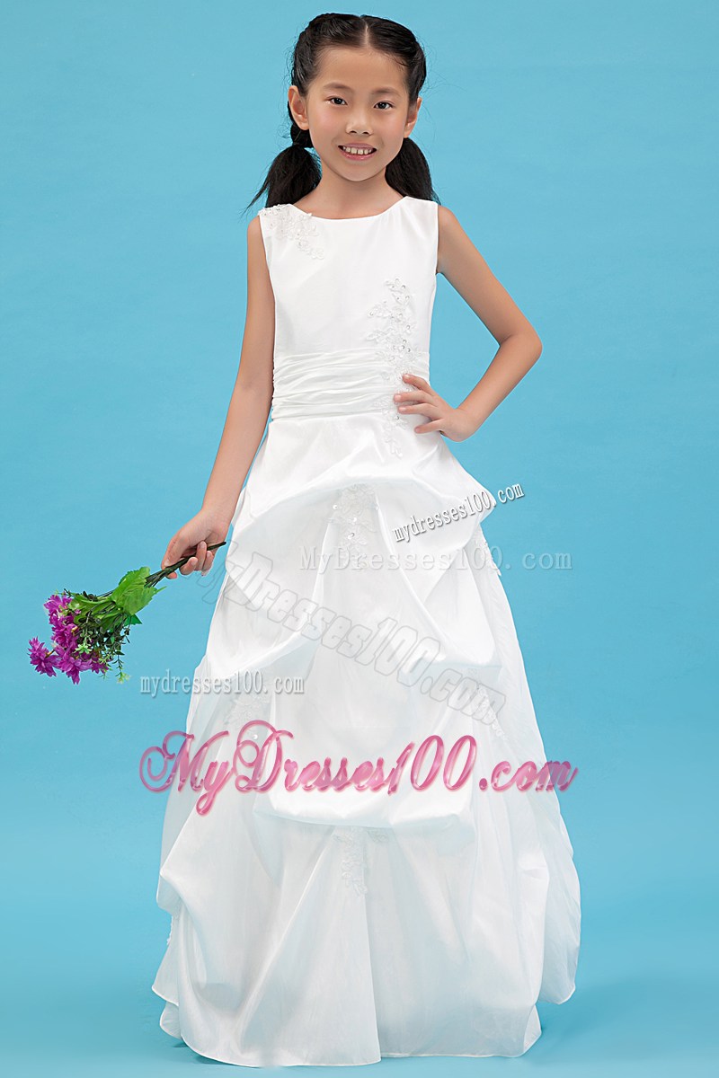 White Scoop Floor-length Appliques Flower Girl Dress