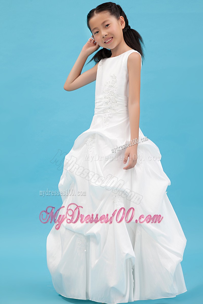 White Scoop Floor-length Appliques Flower Girl Dress