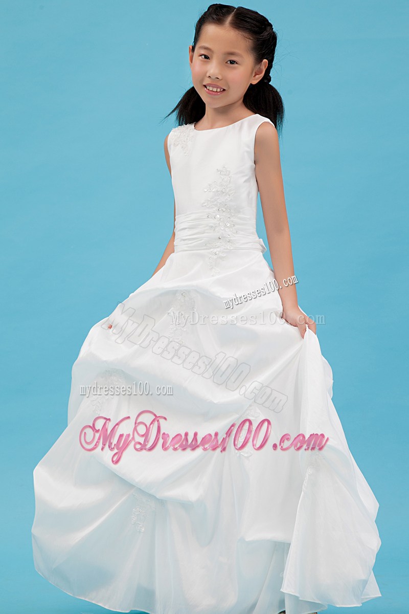 White Scoop Floor-length Appliques Flower Girl Dress