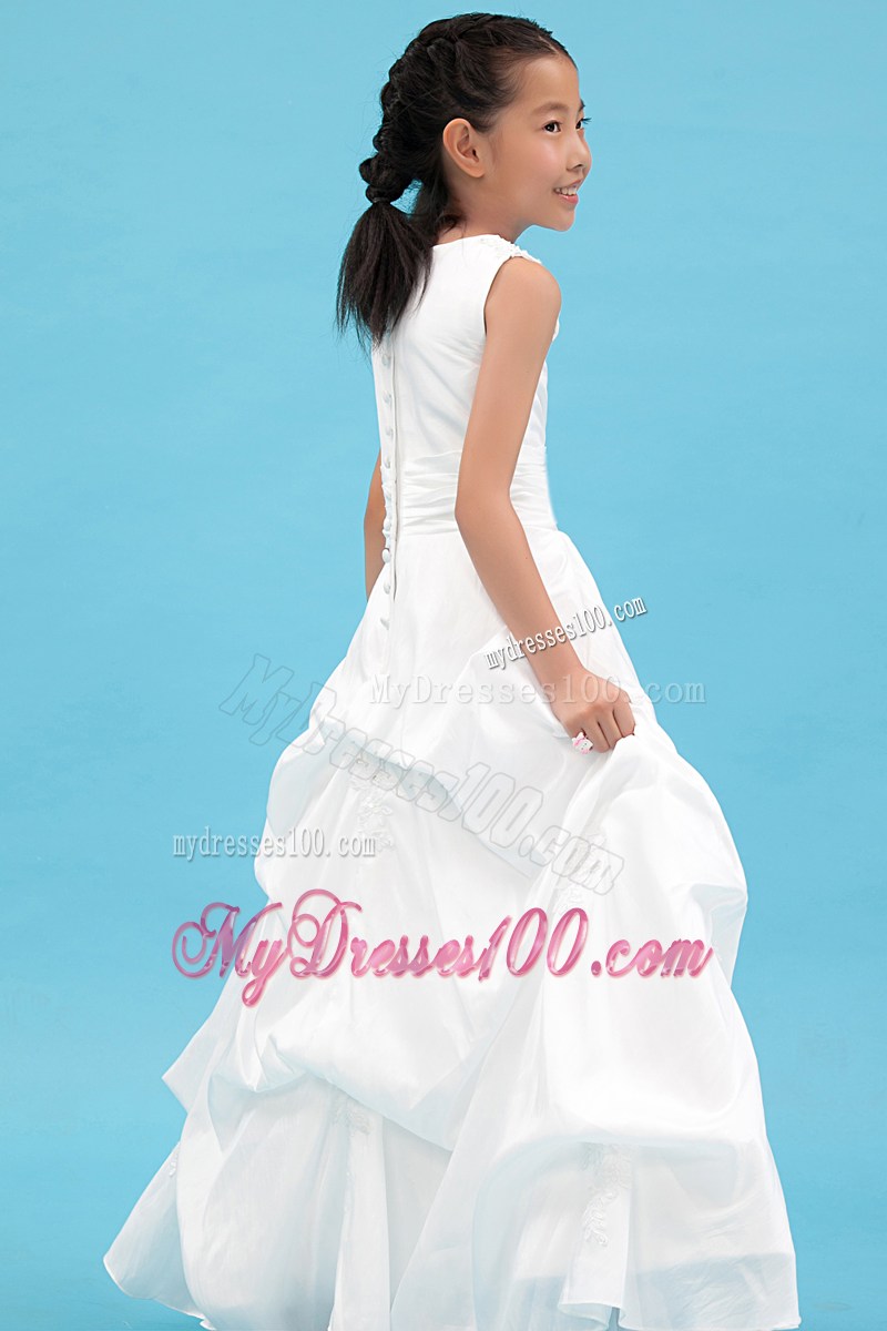 White Scoop Floor-length Appliques Flower Girl Dress