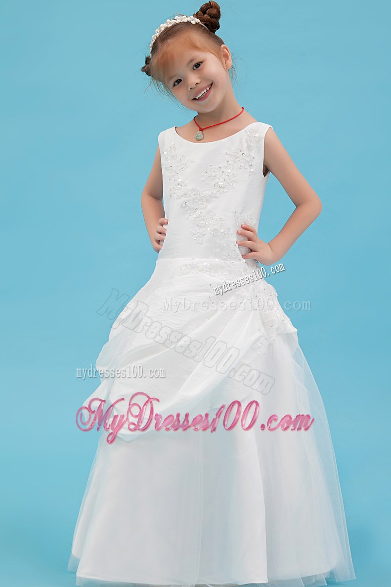 White Scoop Floor-length Beading and Applqiues Flower Girl Dress