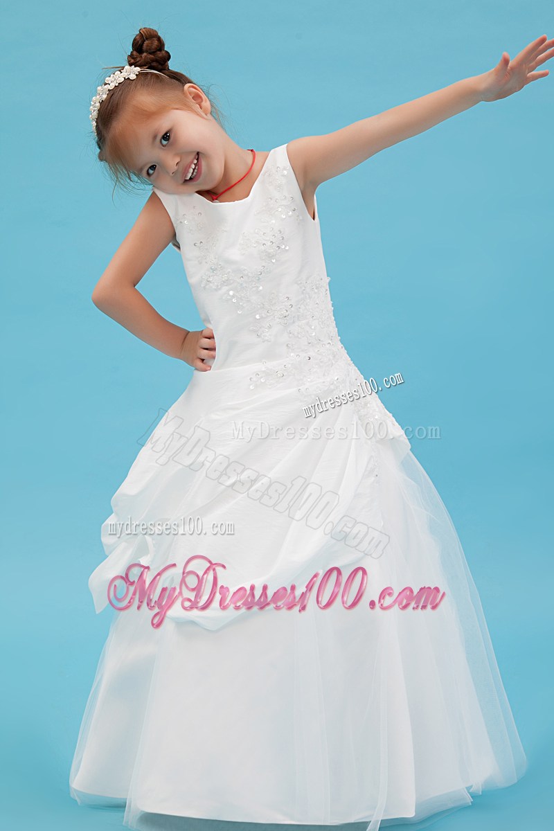 White Scoop Floor-length Beading and Applqiues Flower Girl Dress
