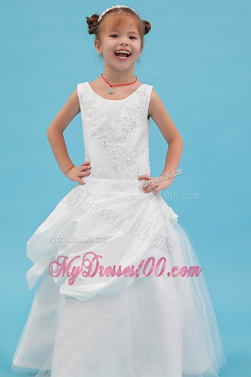 White Scoop Floor-length Beading and Applqiues Flower Girl Dress