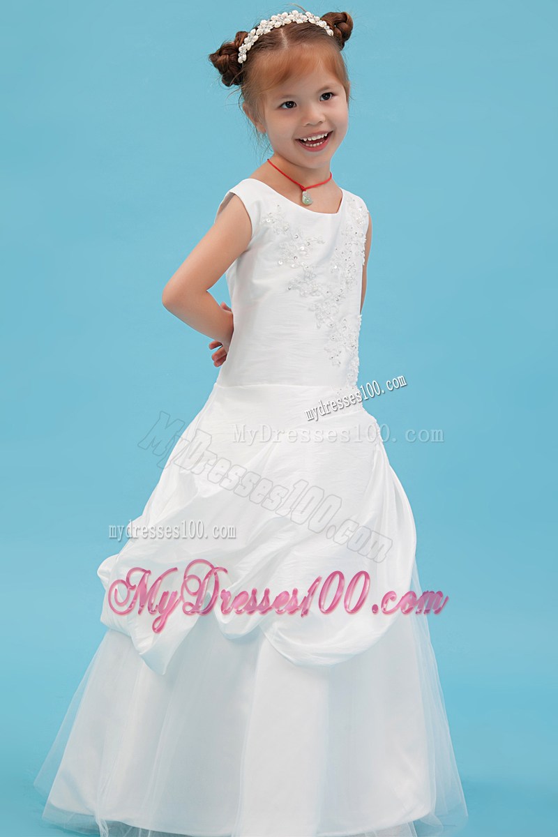 White Scoop Floor-length Beading and Applqiues Flower Girl Dress