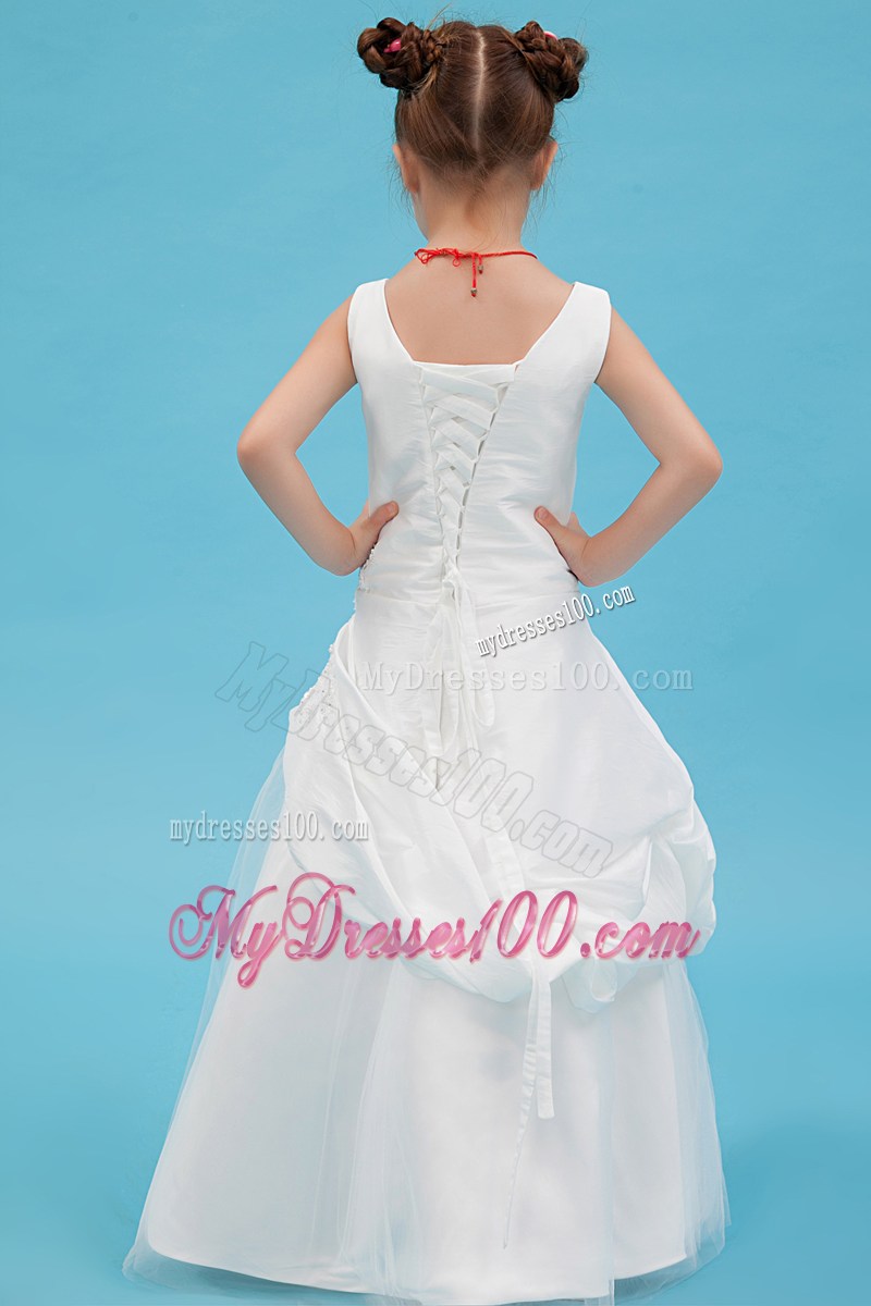 White Scoop Floor-length Beading and Applqiues Flower Girl Dress
