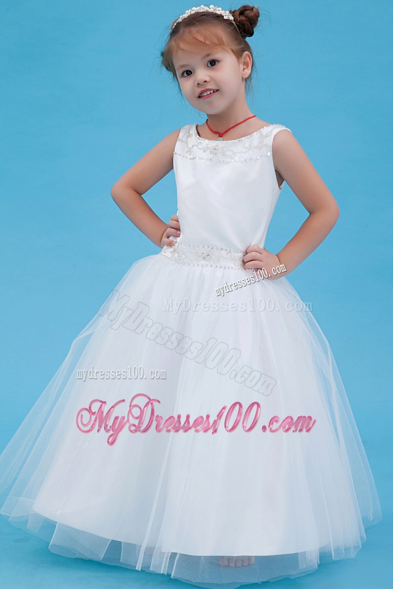 White Scoop Floor-length Beading Flower Girl Dress