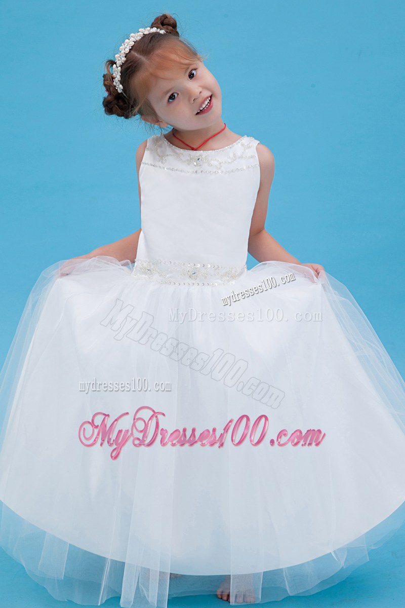 White Scoop Floor-length Beading Flower Girl Dress