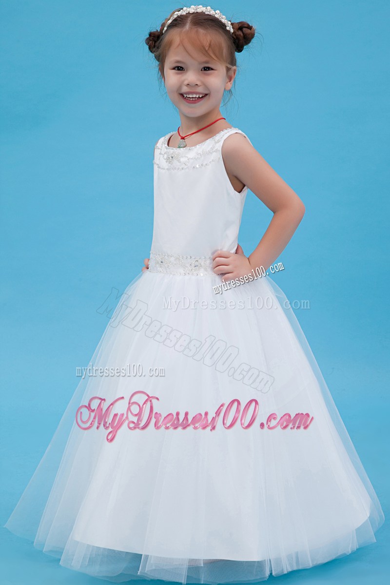 White Scoop Floor-length Beading Flower Girl Dress