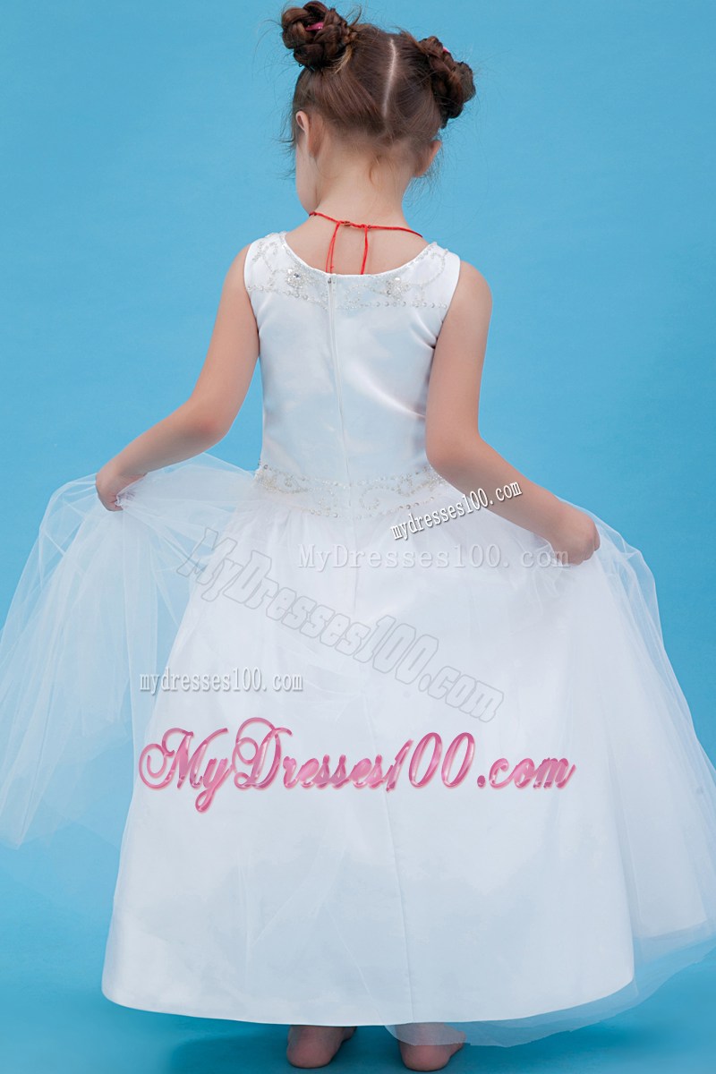 White Scoop Floor-length Beading Flower Girl Dress