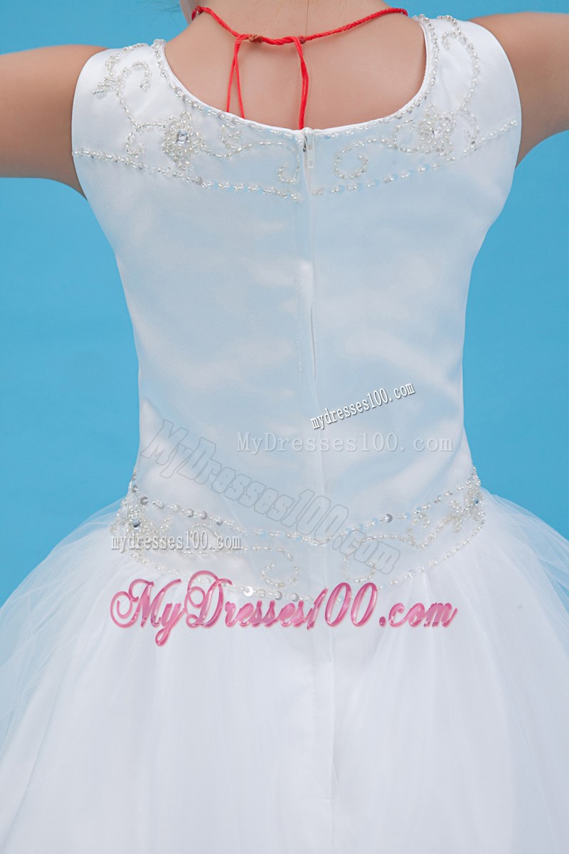 White Scoop Floor-length Beading Flower Girl Dress
