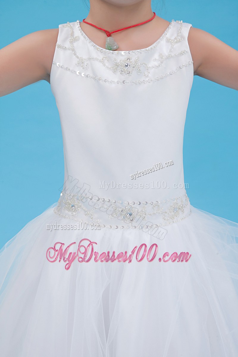 White Scoop Floor-length Beading Flower Girl Dress