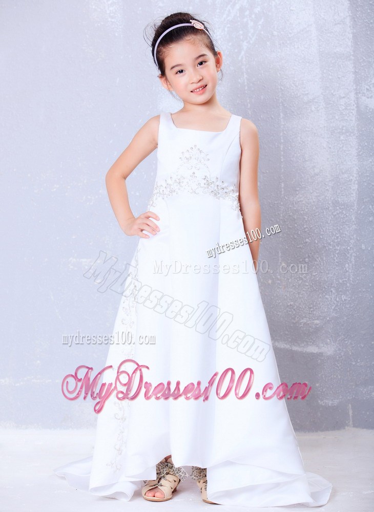 White Square Brush Train Beading Flower Girl Dress