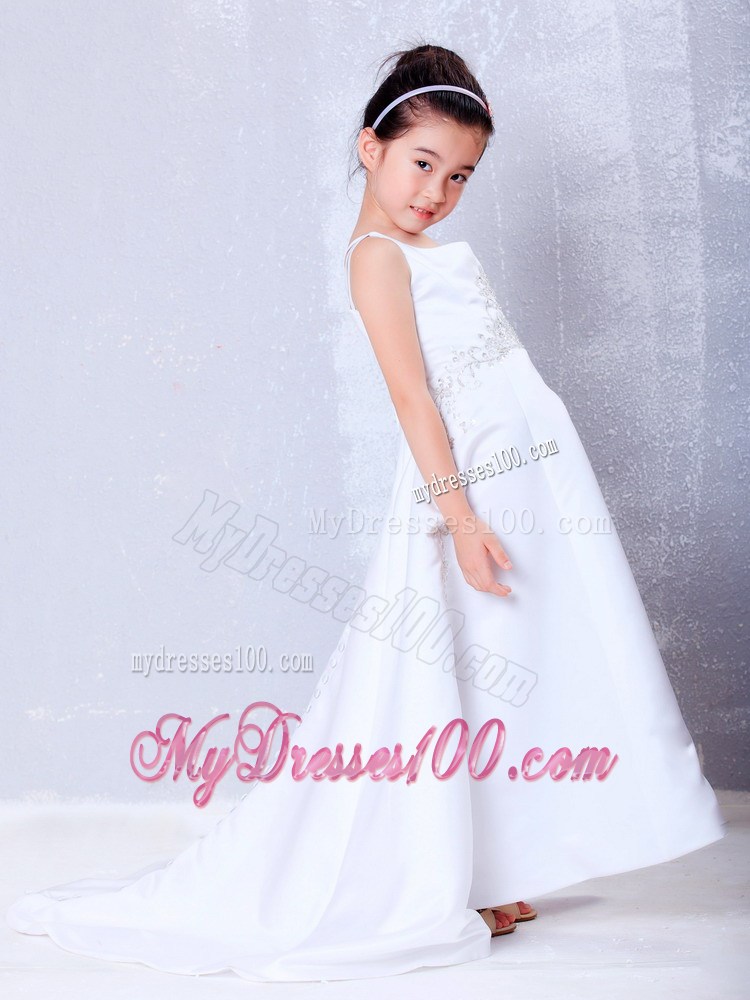 White Square Brush Train Beading Flower Girl Dress