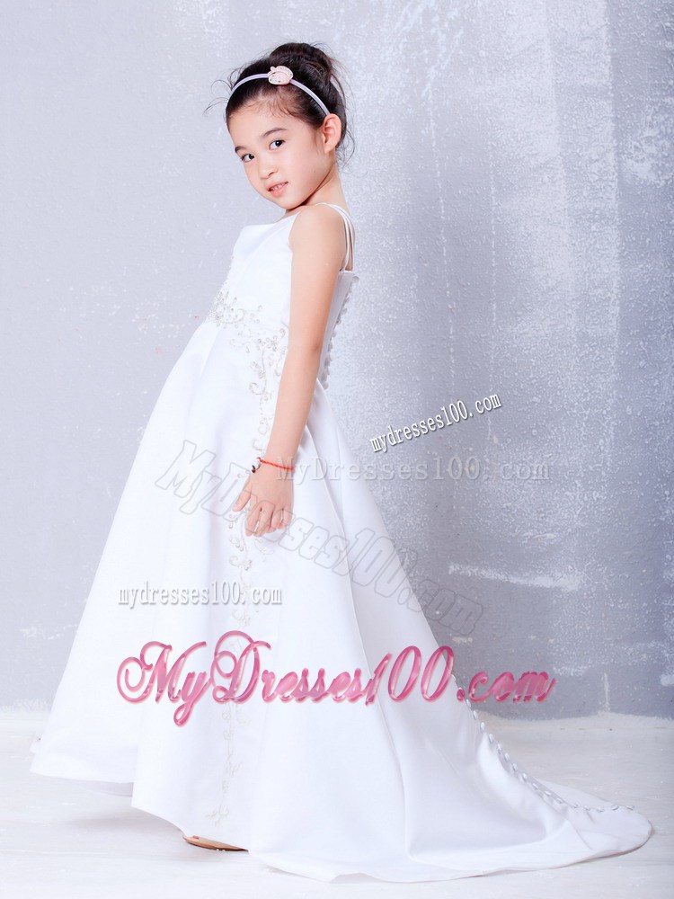 White Square Brush Train Beading Flower Girl Dress