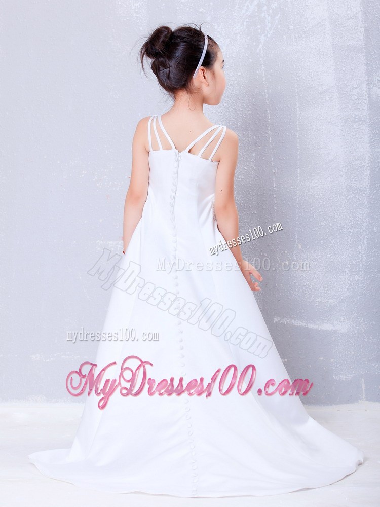 White Square Brush Train Beading Flower Girl Dress
