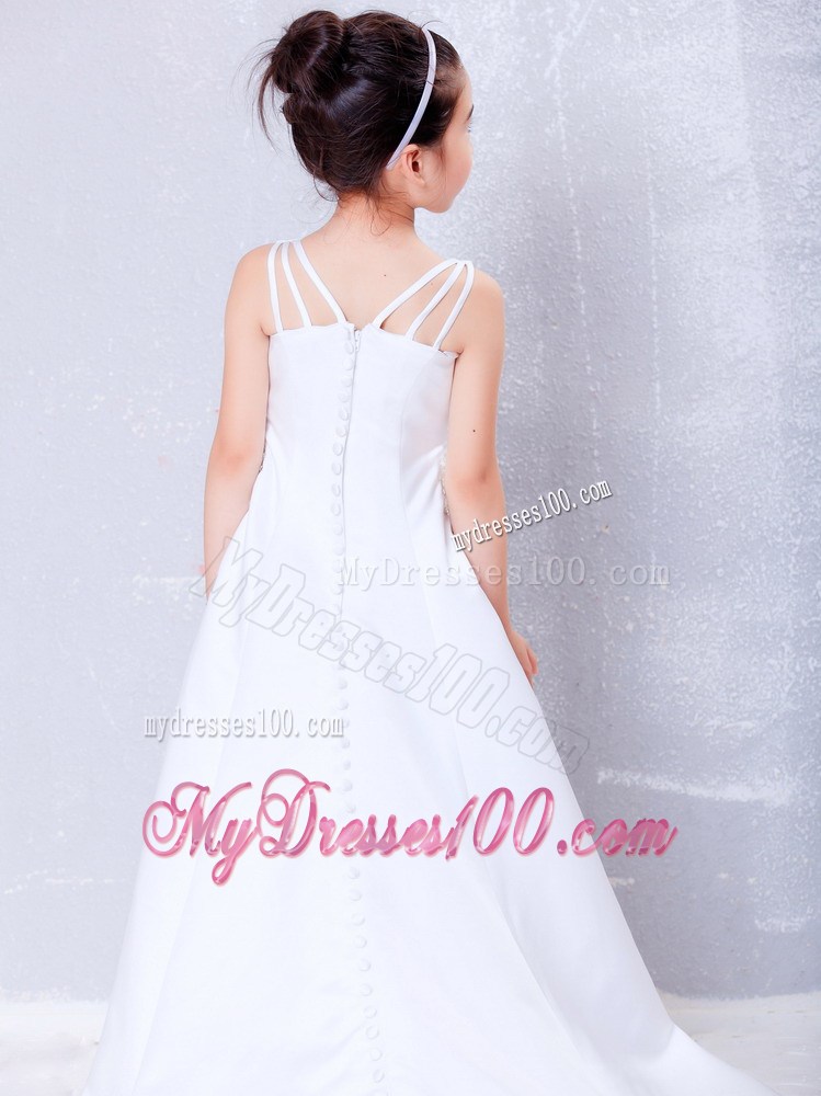 White Square Brush Train Beading Flower Girl Dress