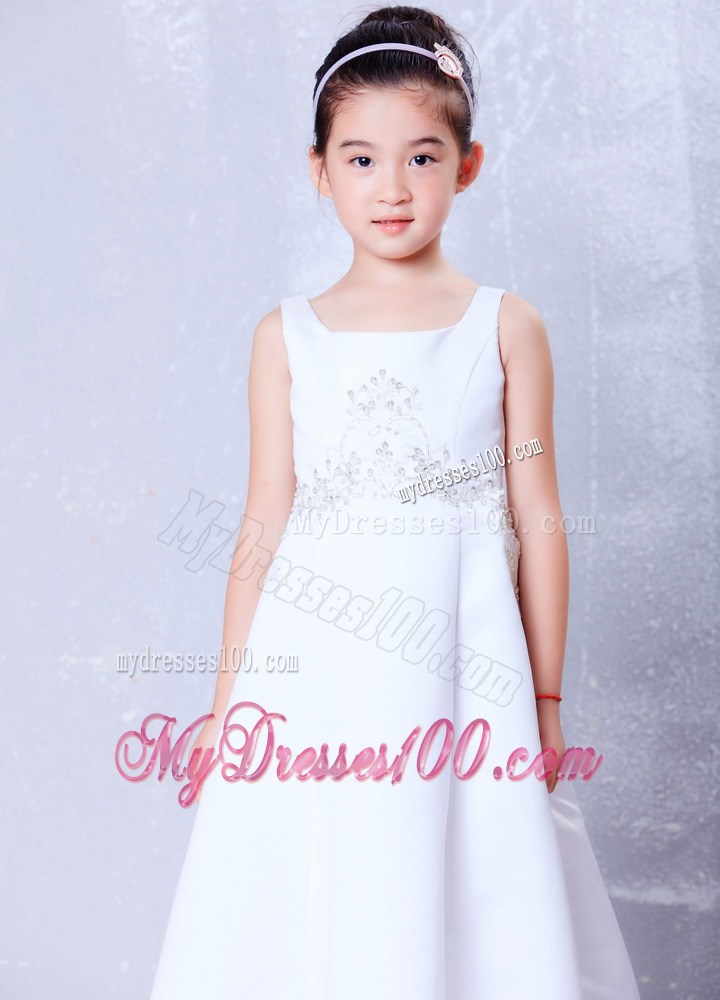 White Square Brush Train Beading Flower Girl Dress