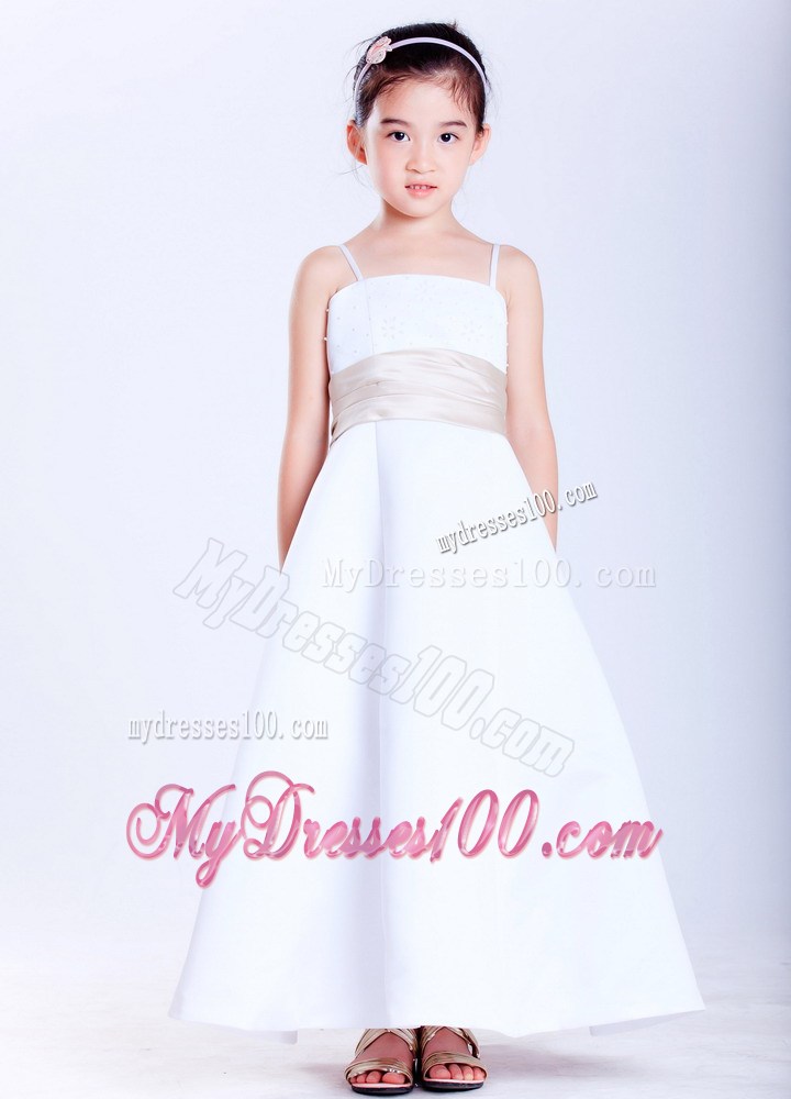White Straps Ankle-length Beading Flower Girl Dress