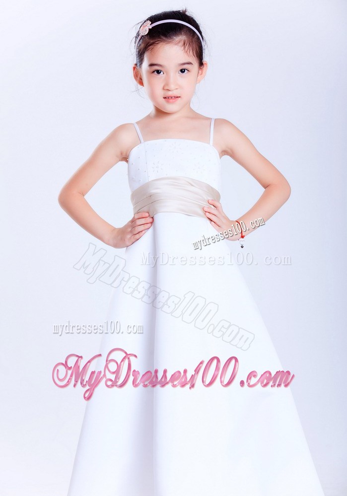 White Straps Ankle-length Beading Flower Girl Dress
