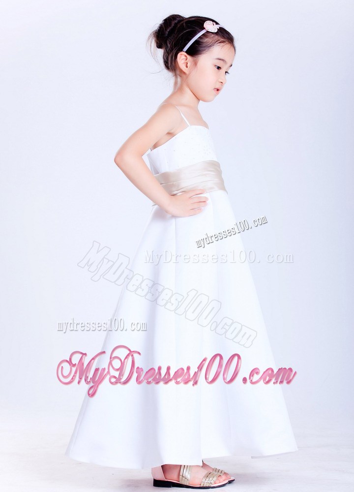 White Straps Ankle-length Beading Flower Girl Dress
