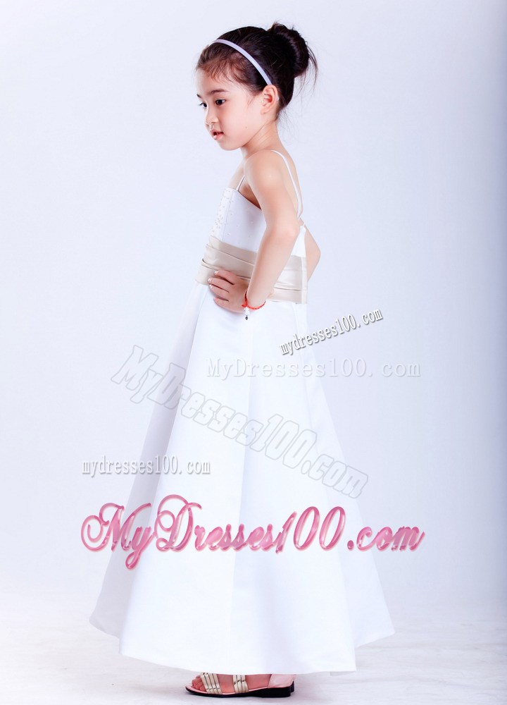 White Straps Ankle-length Beading Flower Girl Dress