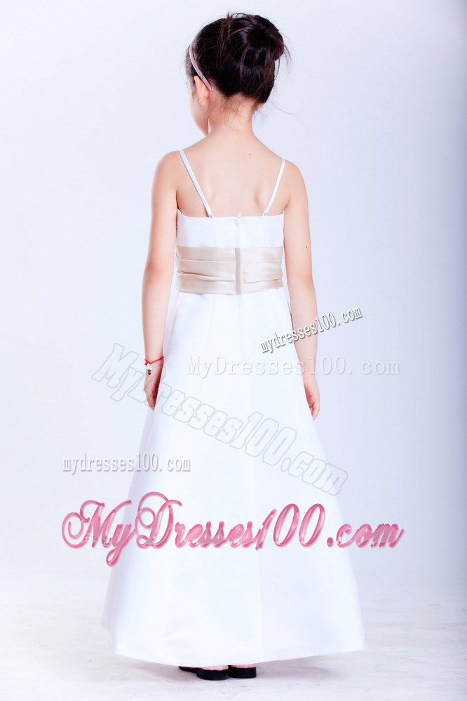 White Straps Ankle-length Beading Flower Girl Dress