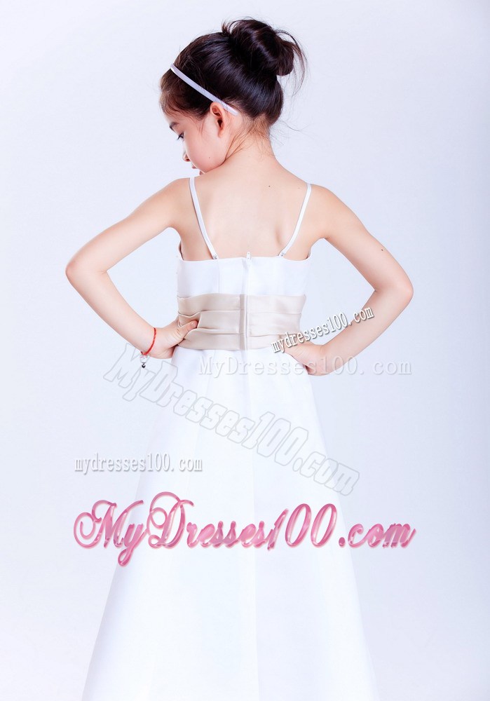 White Straps Ankle-length Beading Flower Girl Dress
