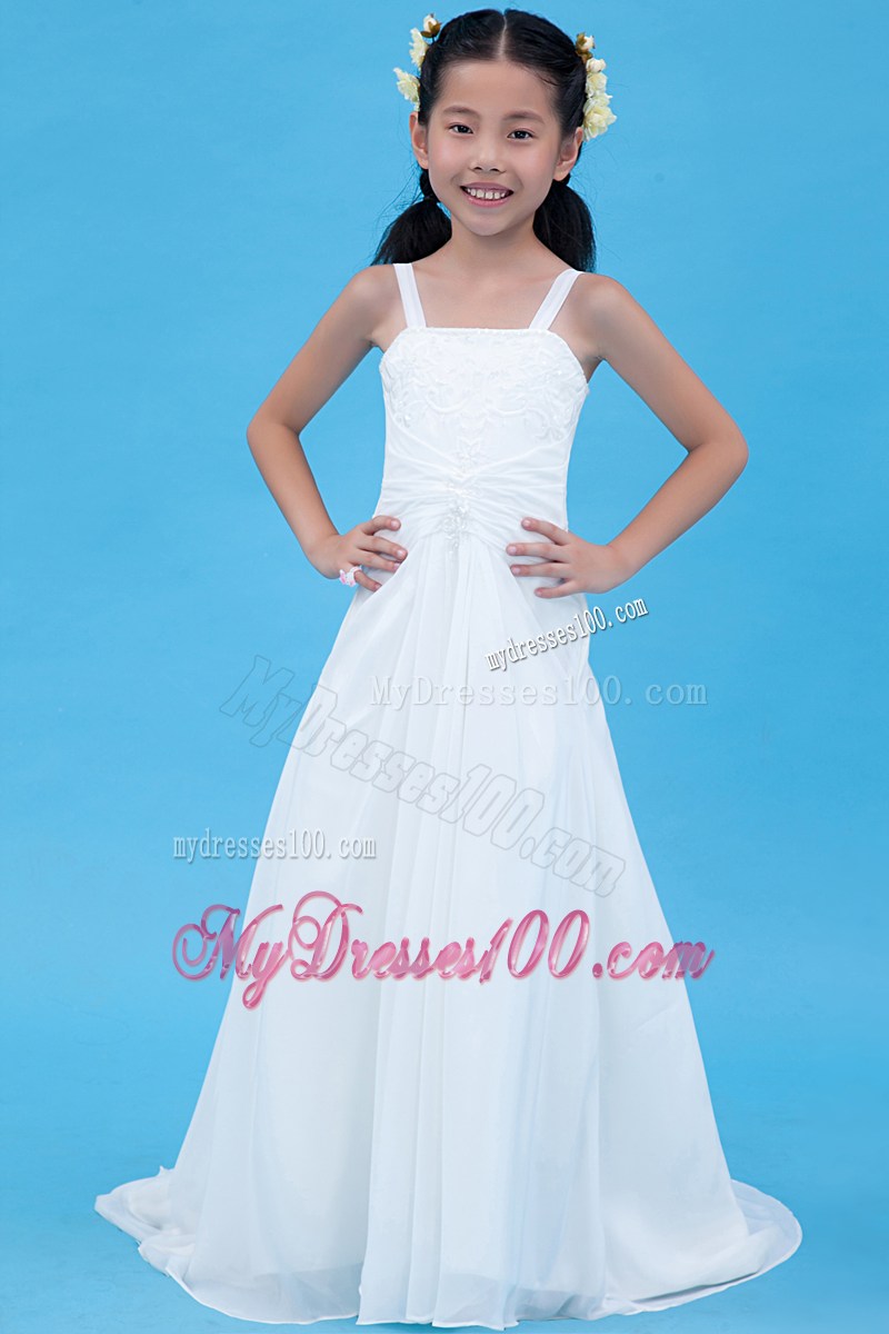 White Straps Brush Train Embroidery Flower Girl Dress