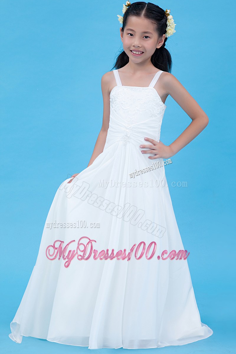White Straps Brush Train Embroidery Flower Girl Dress