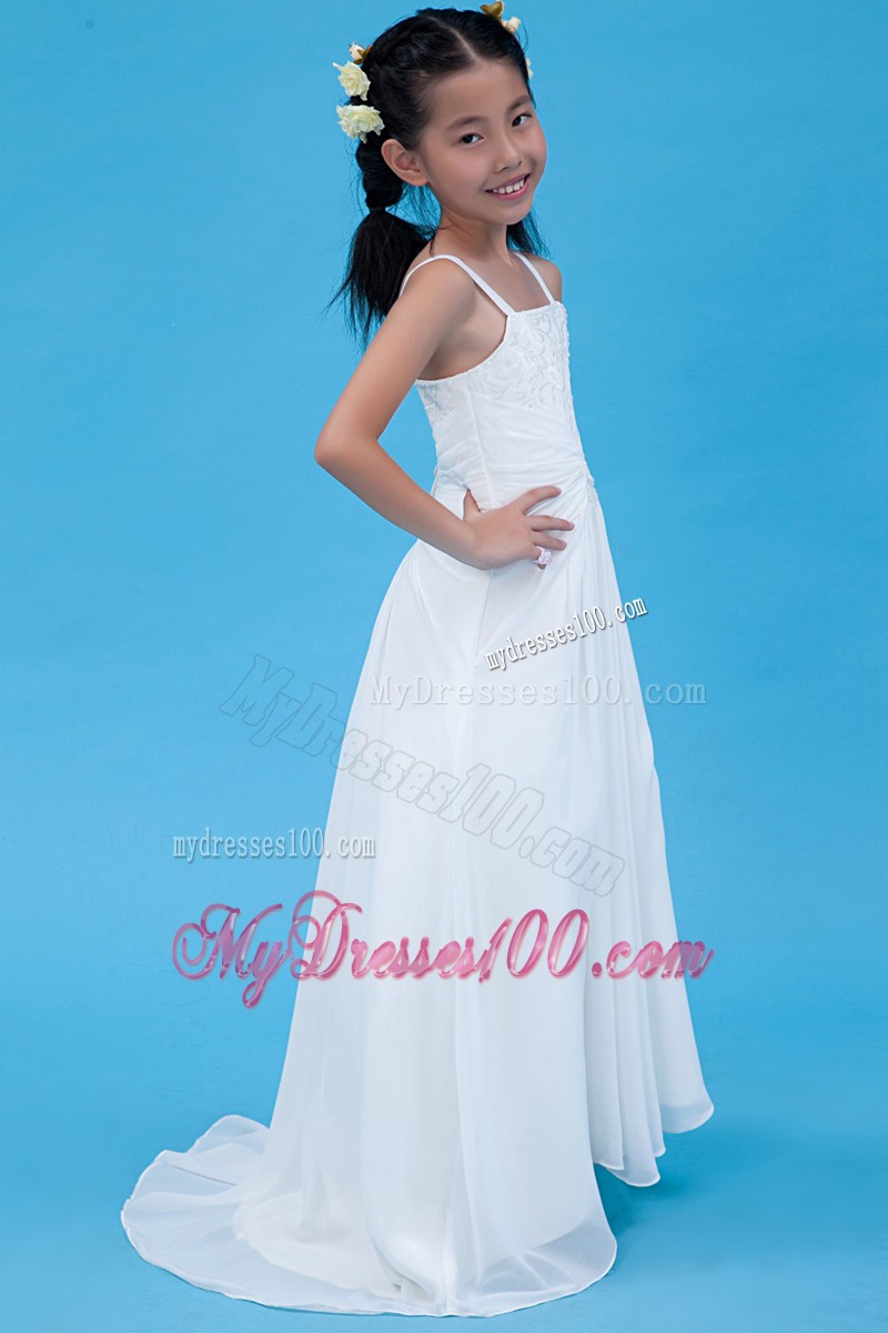 White Straps Brush Train Embroidery Flower Girl Dress