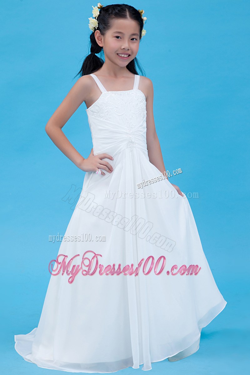 White Straps Brush Train Embroidery Flower Girl Dress
