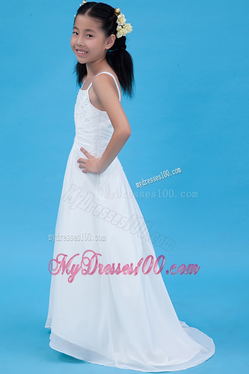 White Straps Brush Train Embroidery Flower Girl Dress