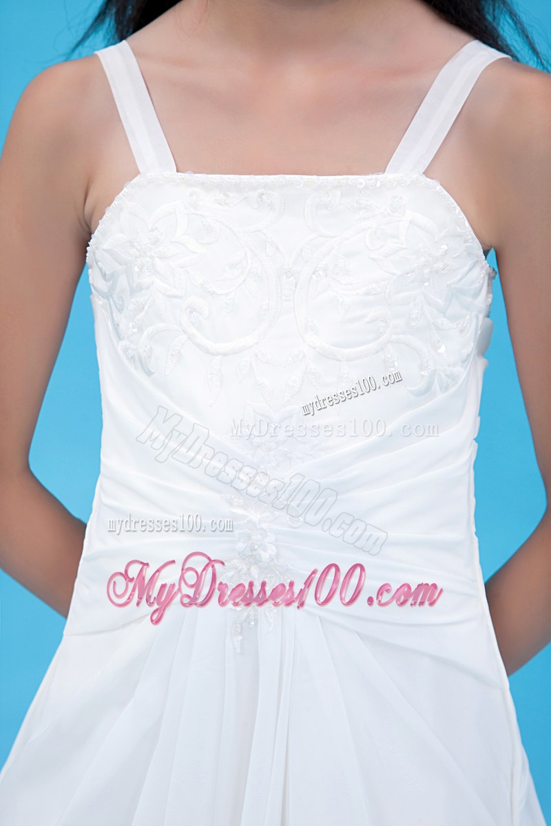 White Straps Brush Train Embroidery Flower Girl Dress