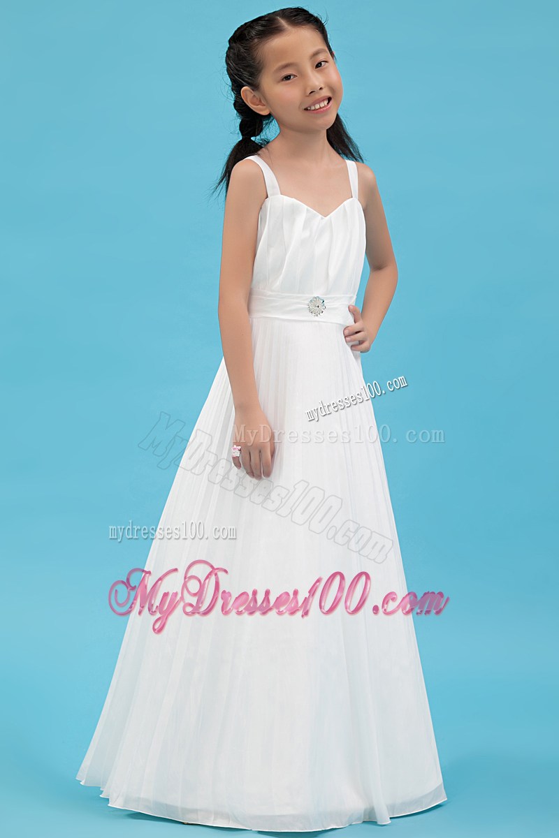 White Straps Floor-length Ruche and Hand Made Flowers Flower Girl Dress